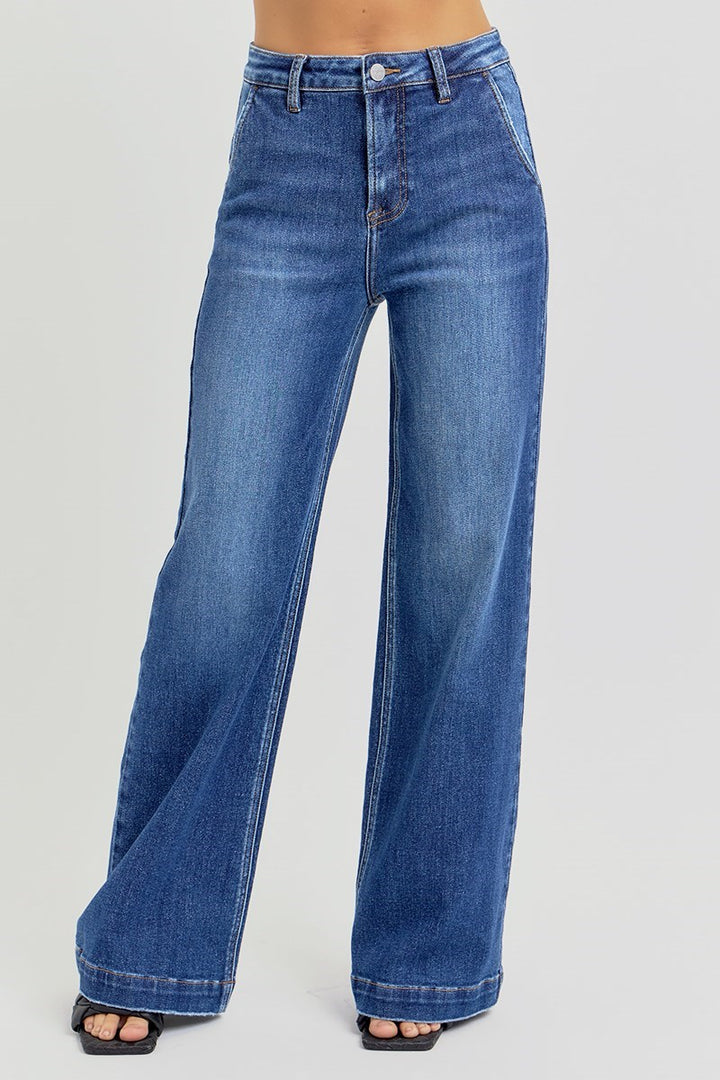 HIGH RISE WIDE LEG SLANTED POCKET JEANS