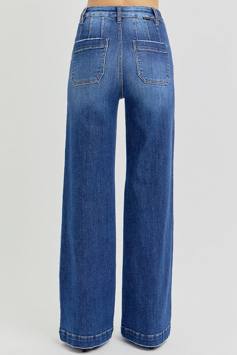HIGH RISE WIDE LEG SLANTED POCKET JEANS