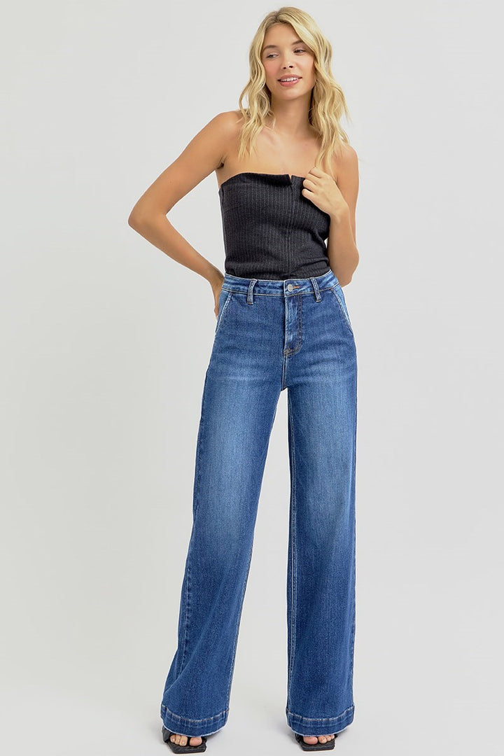 HIGH RISE WIDE LEG SLANTED POCKET JEANS