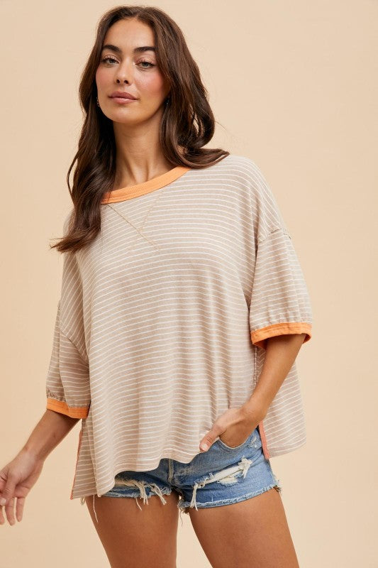 Linen Blend Striped Contrast Tee