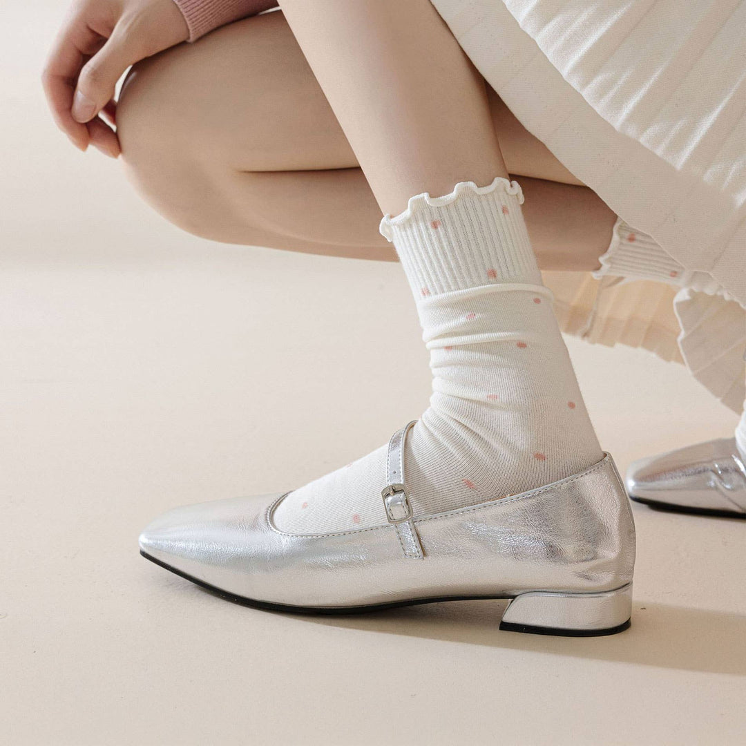 Polka Dot Pattern Ruffle Crew Socks For Womens_CWMS1394