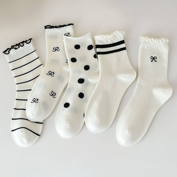 Cute Dots, Stripes,Bow Ruffle White Crew Socks_CWMS1367