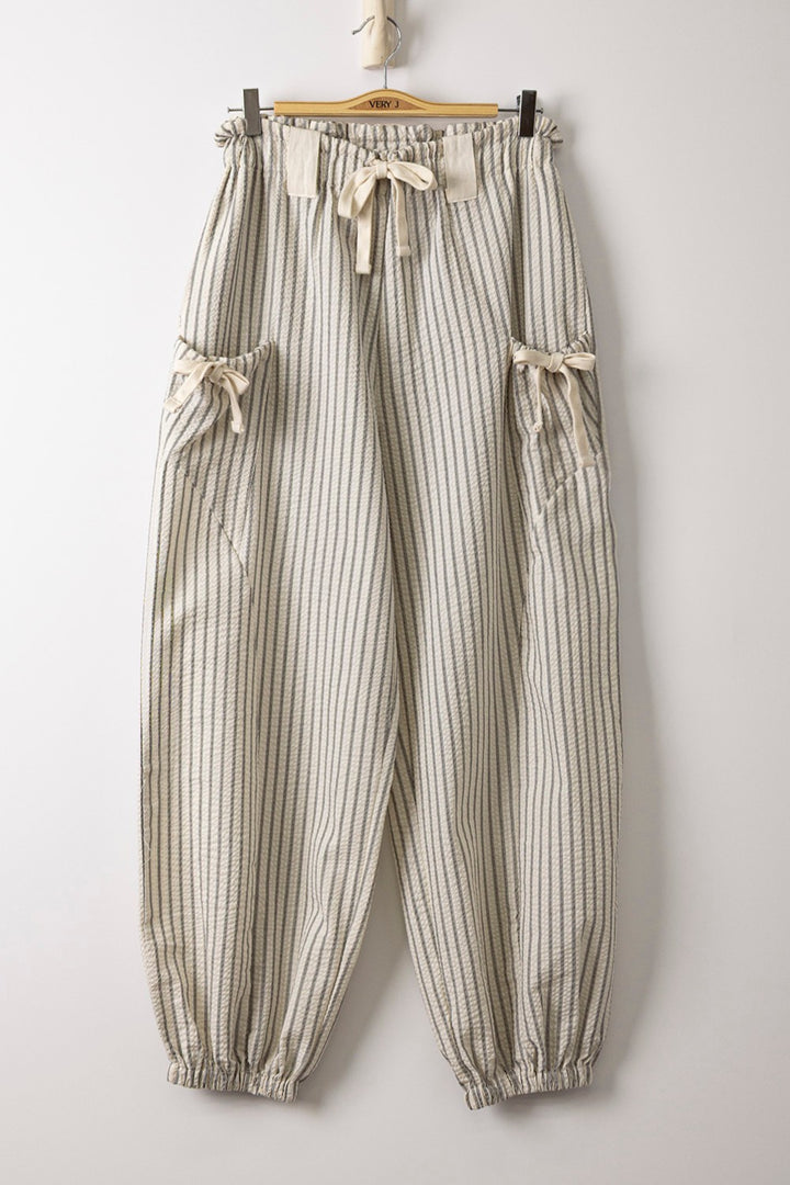Bow Detail Stripe Textured Woven Pants
