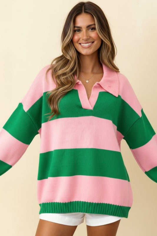 Collared Stripe Color Block Sweater Knit Top