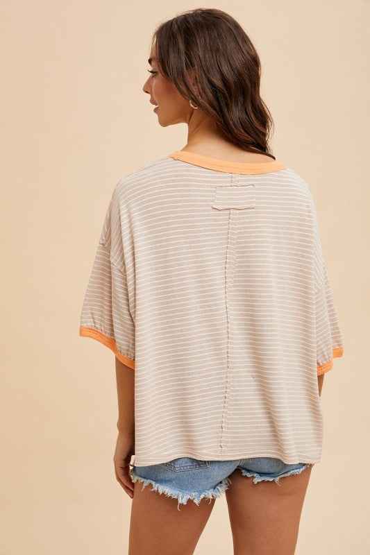 Linen Blend Striped Contrast Tee