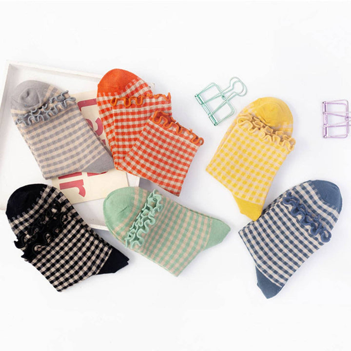 CHECK PLAID PATTERN RUFFLE CREW SOCKS FOR WOMENS_CWMS065